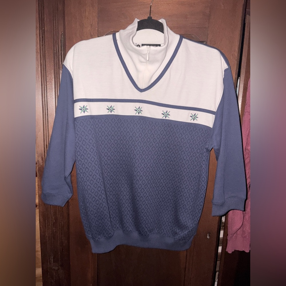 Vintage 90s BLAST Quarter Zip Pullover Sweater BlueWhite Embroidered Starburst L